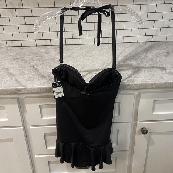 Lauren Ralph Lauren Swimsuit Womens 8 Black One Piece Skirted Halter Ruched - Picture 3 of 7